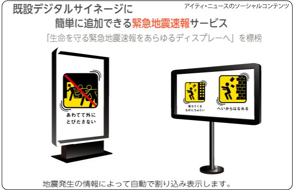 デジタルサイネージに緊急地震速報を配信、地域に役立つ情報配信システム