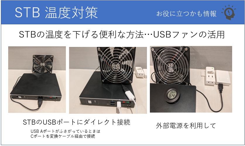 今年も夏は熱くなりそうです。STBは温度で不安定になります。手軽なUSBファンで対策できます。