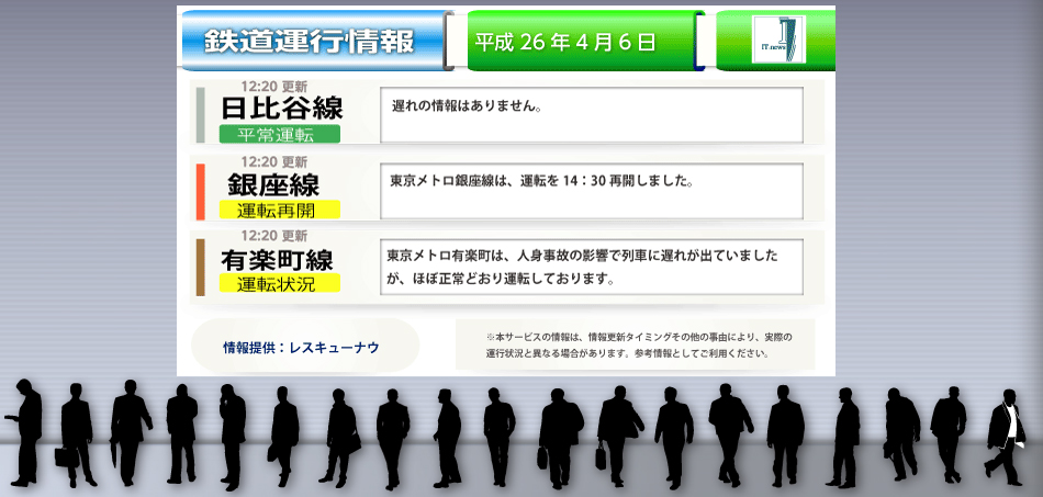 交通情報（鉄道運行情報）　日比谷線他サンプル　アイティ・ニュース